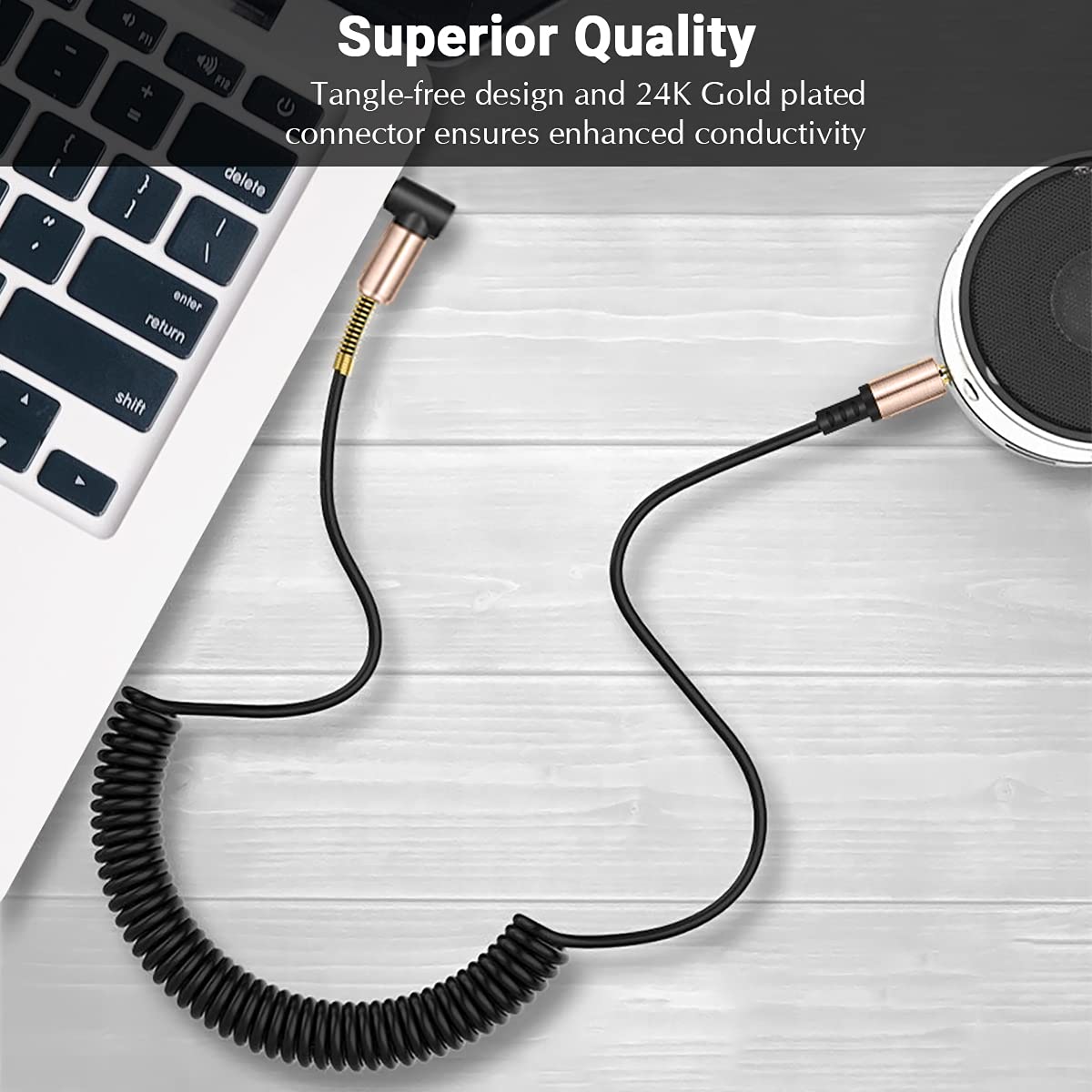 AUX Cable 30CM Spring Coiled 3.5mm Auxiliary Audio Lead Male to Male Right Angle Stereo Jack Cord Compatible with iPhone iPod iPad Samsung Smartphone Tablet MP3 Player Headphones Home Car
