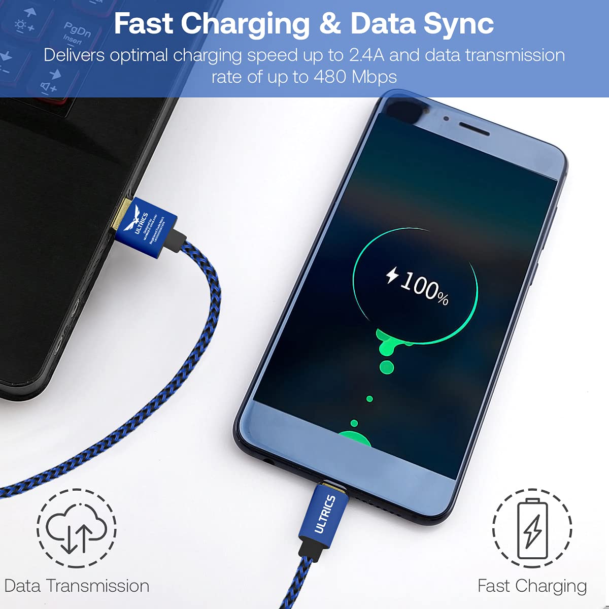 ULTRICS Micro USB Cable 1M, (2 Pack) Nylon Braided Durable Android Charger Lead, Fast Charging and Data Sync Cord Compatible with Samsung Galaxy S7/ S6 Edge/ S5 J7 LG Nexus Nokia Xbox PS4 - Blue