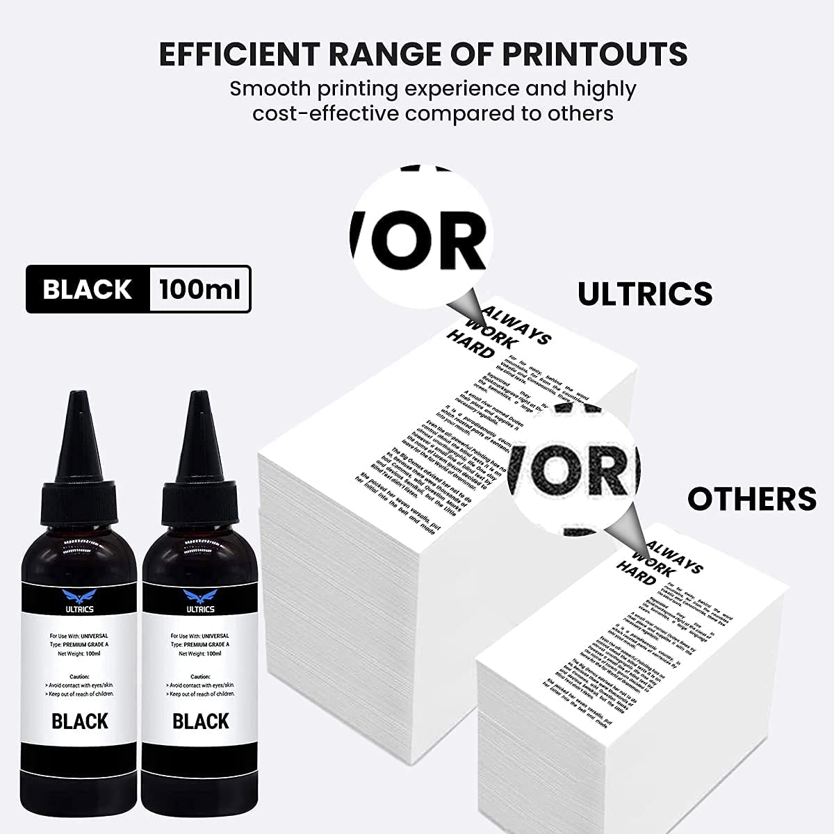 ULTRICS Refill Ink, 100ml Black Printer Ink Refill Kit, Universal Bulk Refillable Bottle of CISS System Compatible with Epson, Canon, Brother, Lexmark, Ricoh, Dell, HP, Kodak, Samsung, Xerox - 2 Pack