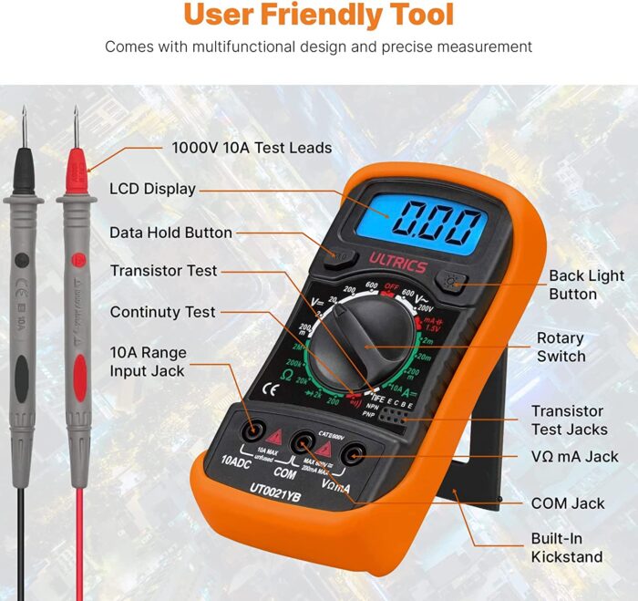 ULTRICS Digital Multimeter Volts, Amps, Ohms Checker with Backlight - Image 6