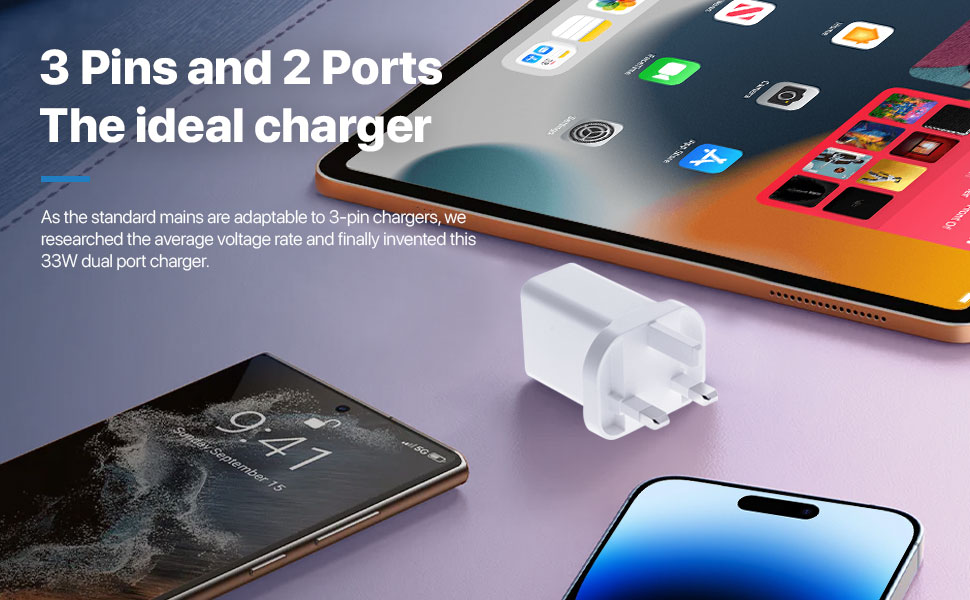 ULTRICS USB C Charger Plug - 33W Fast Charging GaN Tech 2 Port QC 3.0 & PD Charger. TypeC Power Adapter for efficient and rapid charging of devices.