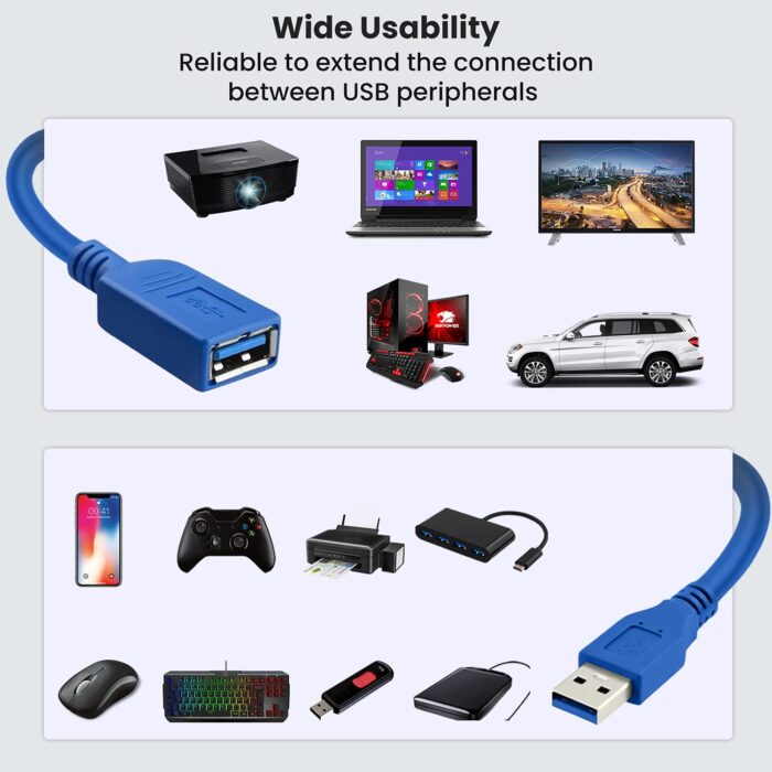 ULTRICS USB 3.0 Extension Lead - A blue USB 3.0 extension cable with male and female connectors. Ideal for extending USB connections and providing high-speed data transfer between devices.