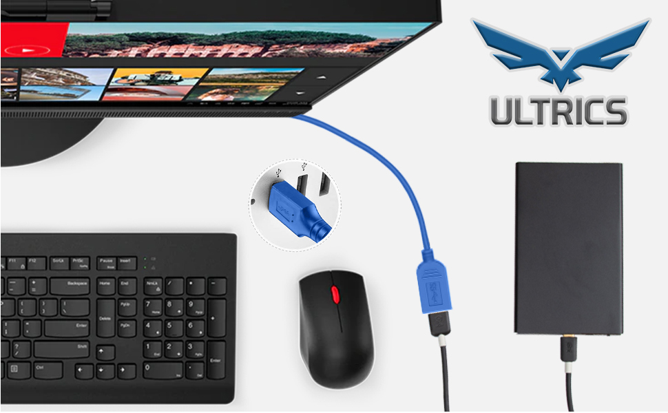 ULTRICS USB 3.0 Extension Lead - A black USB 3.0 extension cable with male and female connectors. Ideal for extending USB connections and providing high-speed data transfer between devices.