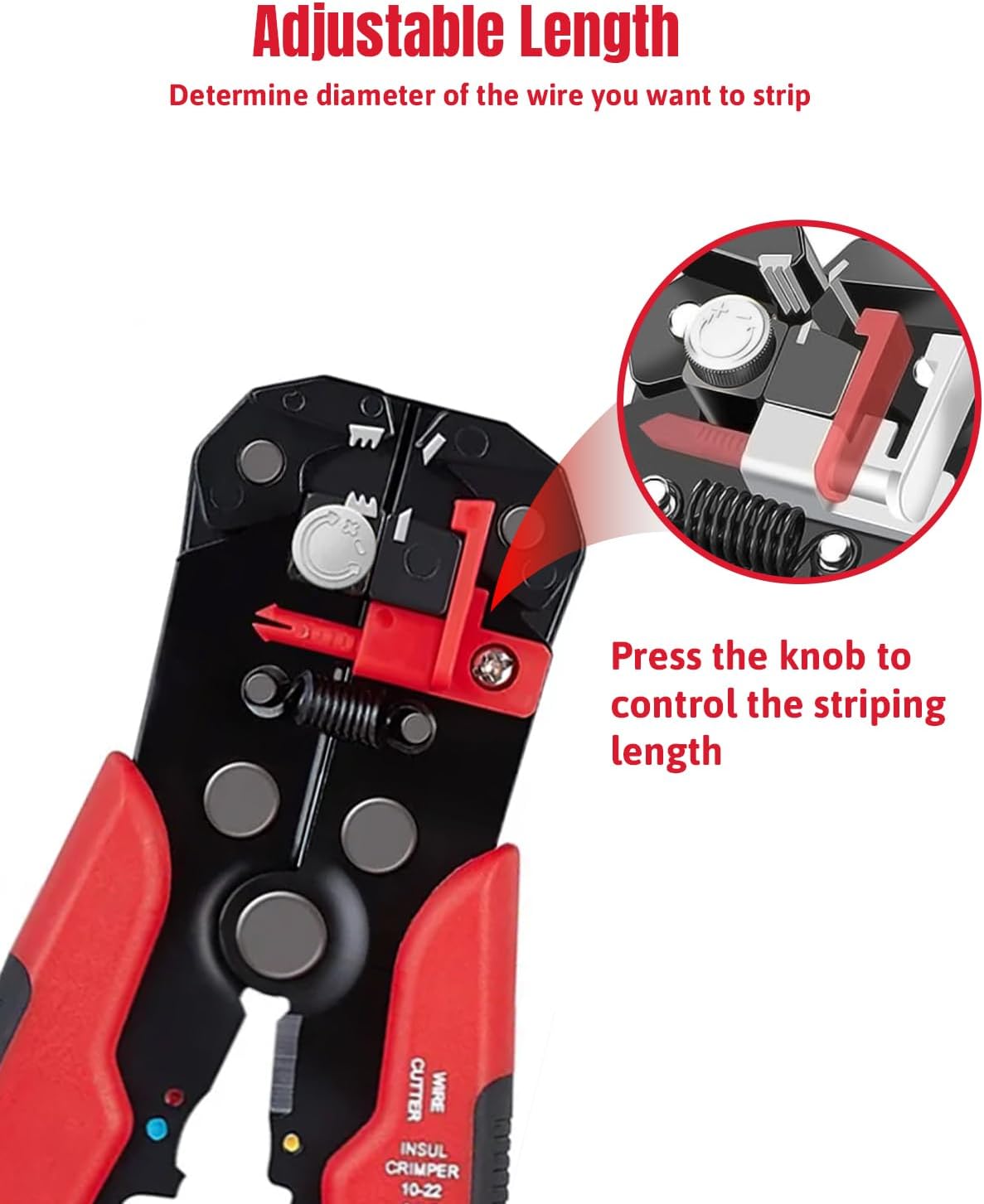 A red and black wire stripper with adjustable length for electrical purposes.