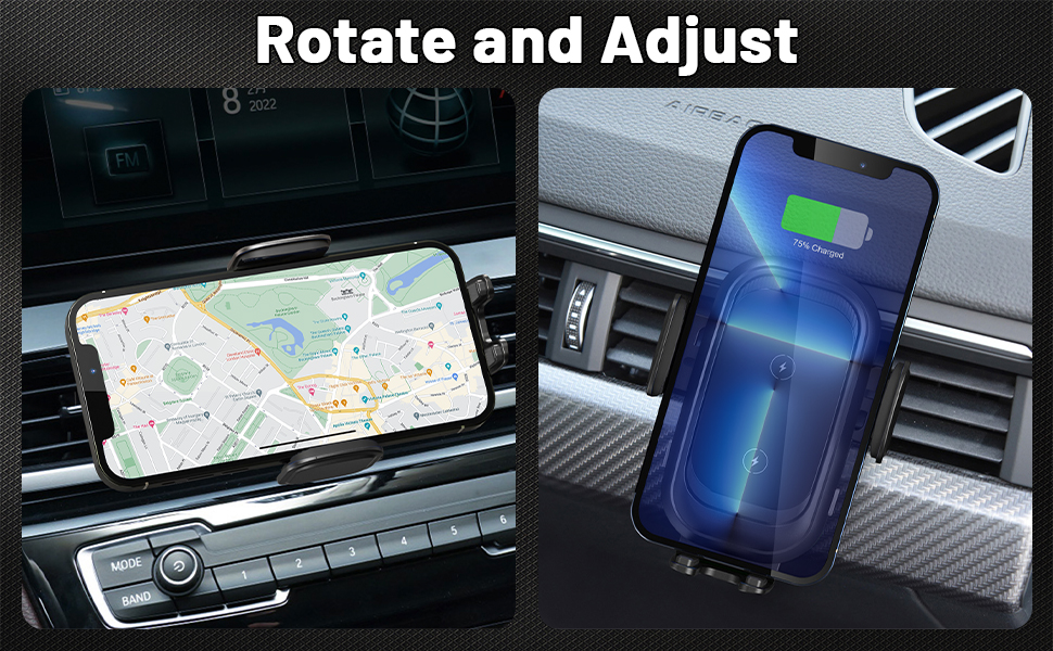Car air vent mount with wireless charging stand for convenient and hands-free charging on the go.