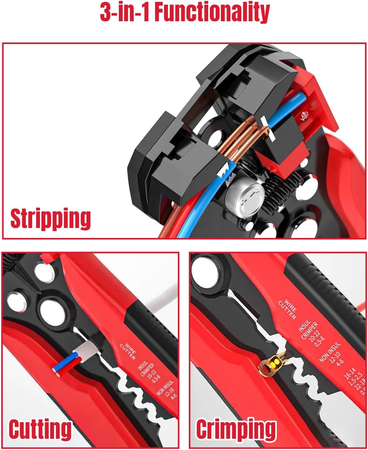 Electric wire stripper with 3-in-1 function, ideal for stripping, cutting, and crimping wires efficiently.