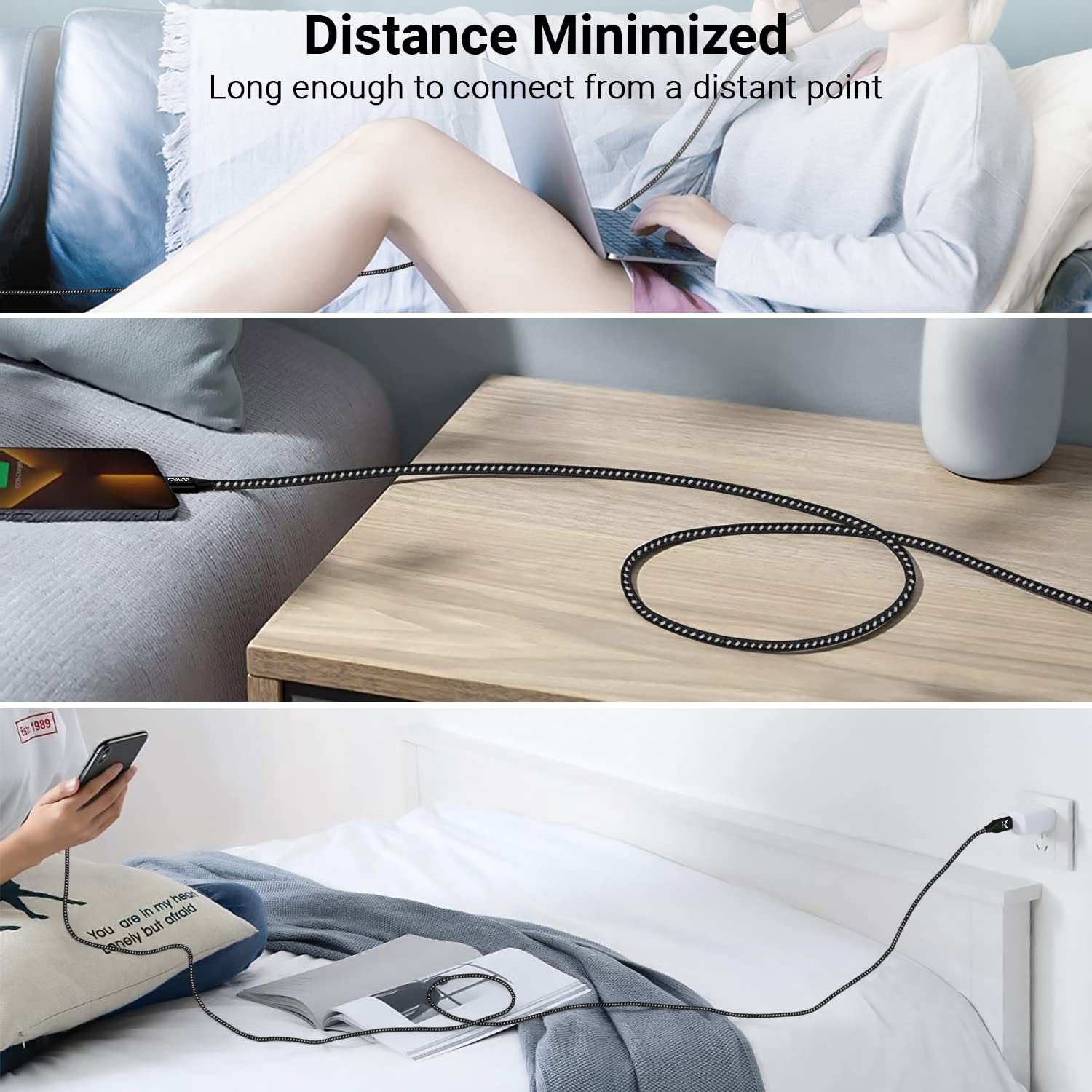 A woman sitting on a bed, using a phone and charging it with a cable.